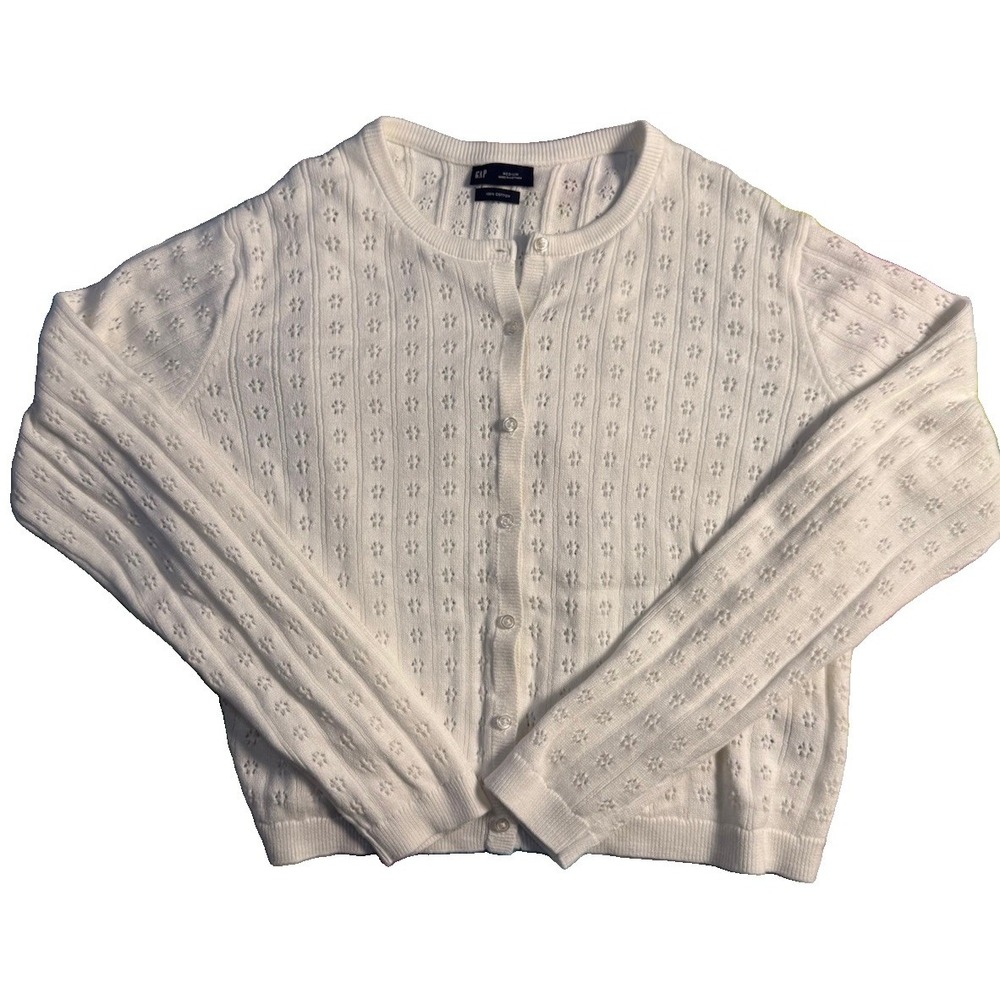 GAP 100% Cotton Pointelle Crop Cardigan White Medium NWOT